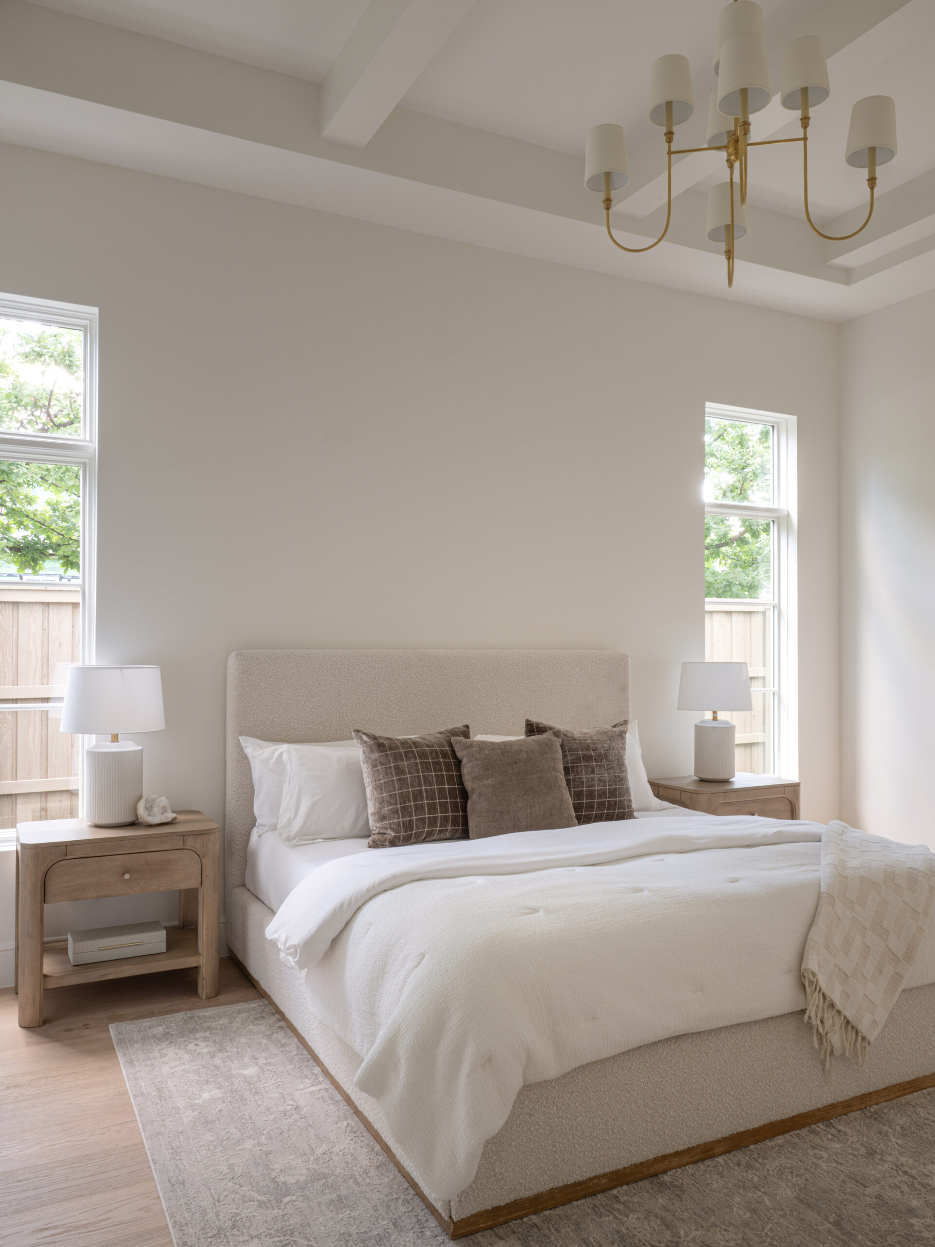 CLASSIC EUROPEAN REVIVAL – Chamberlain Arlington Heights, Lafayette Ave, Fort Worth, TX 76107-16 Primary bedroom with coffered ceiling and brass chandelier — luxury custom remodel, Fort Worth TX