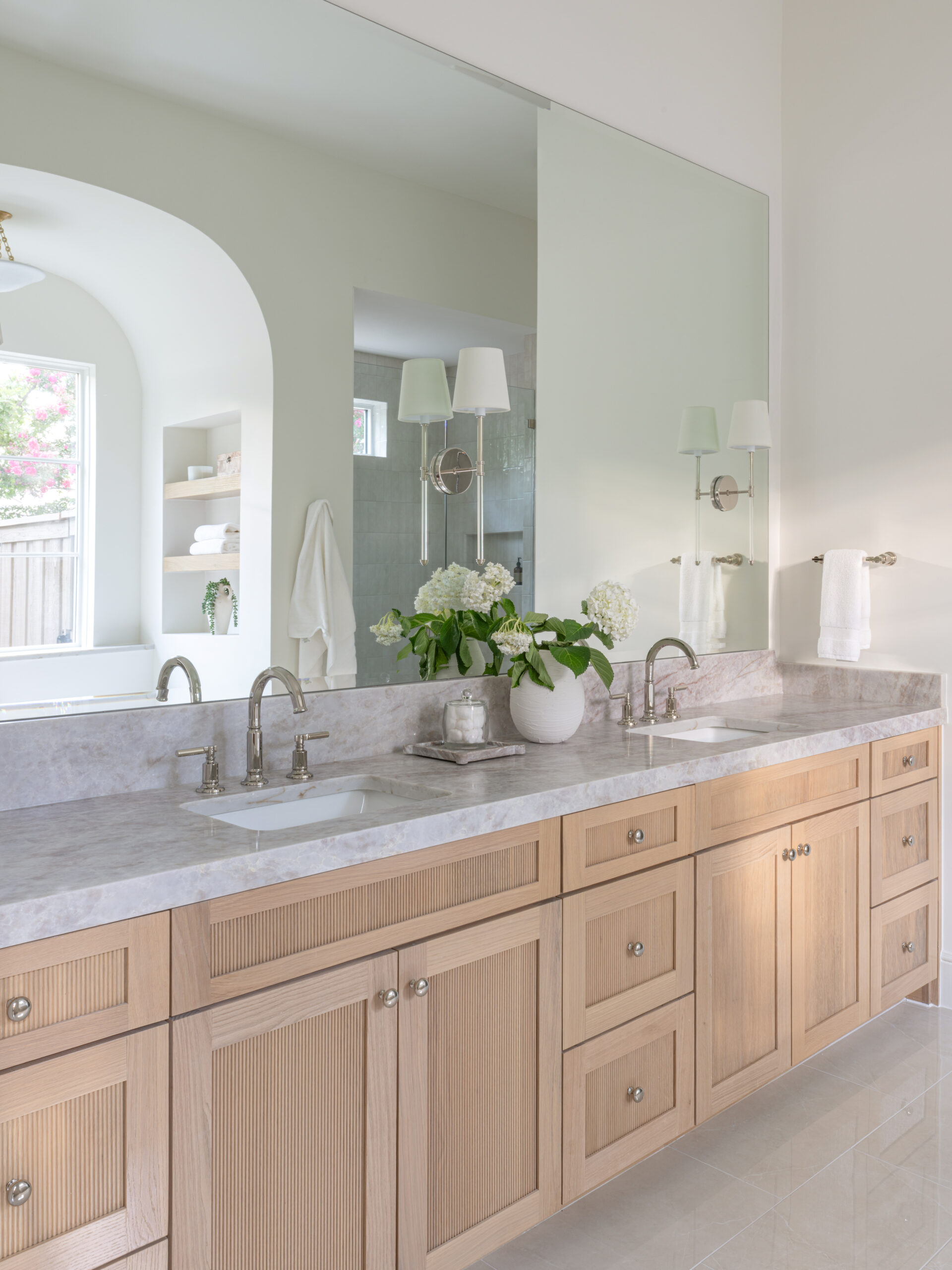 CLASSIC EUROPEAN REVIVAL – Chamberlain Arlington Heights, Lafayette Ave, Fort Worth, TX 76107-18 Double vanity with reeded oak cabinets and stone counters — Blue Cypress Design Build, Fort Worth TX