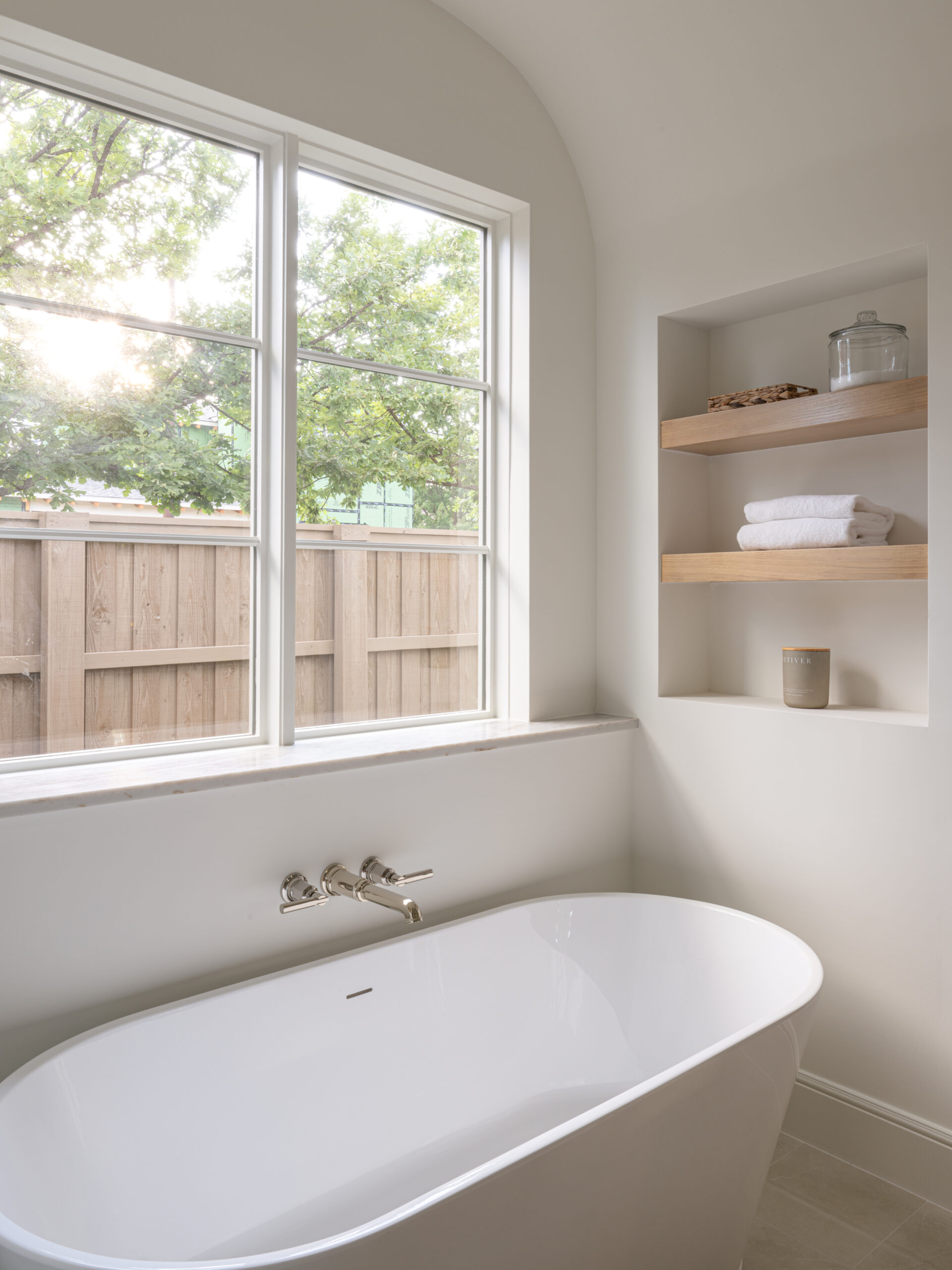 CLASSIC EUROPEAN REVIVAL – Chamberlain Arlington Heights, Lafayette Ave, Fort Worth, TX 76107-19 Freestanding tub under window with oak niche shelving — European style remodel, Fort Worth TX