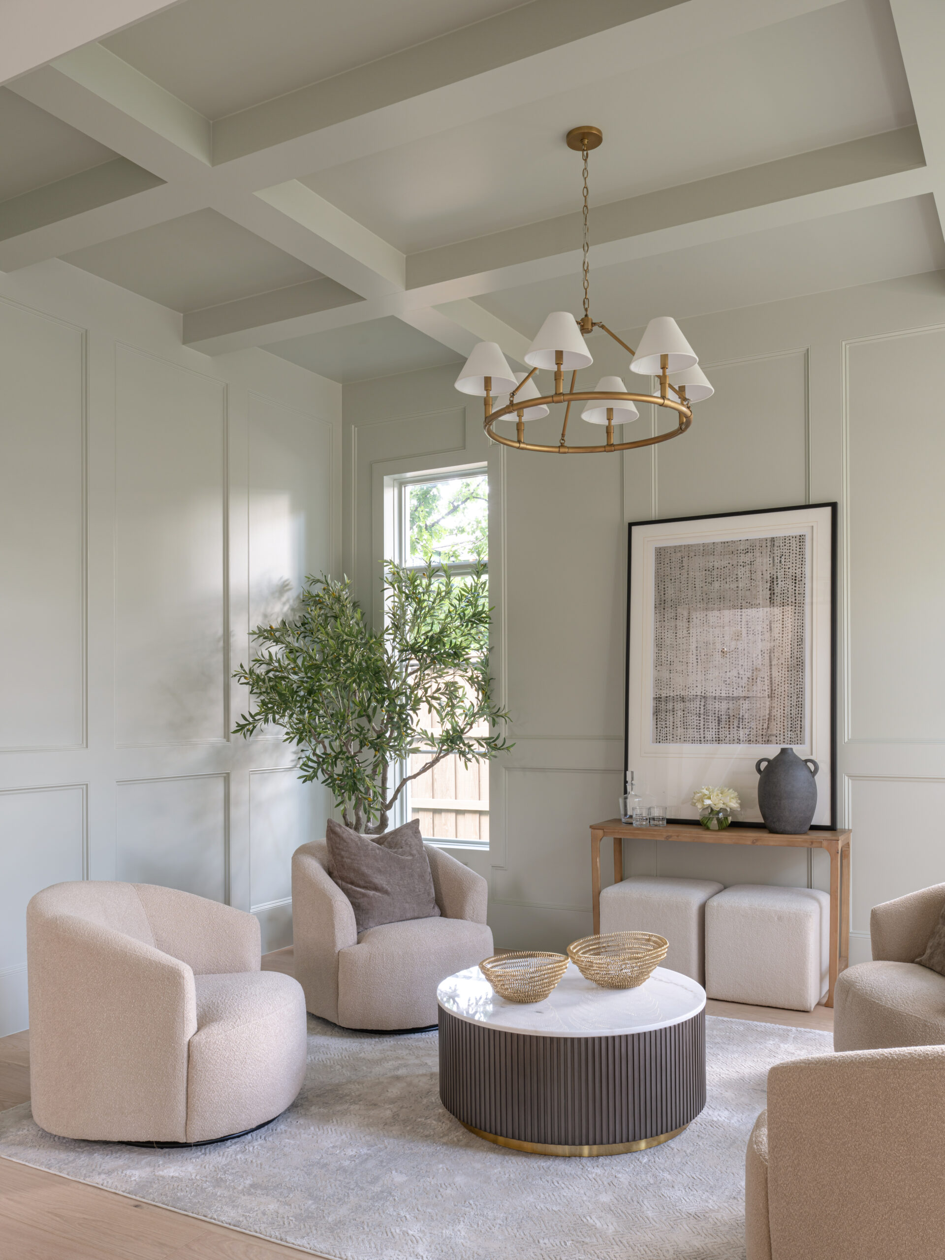 CLASSIC EUROPEAN REVIVAL – Chamberlain Arlington Heights, Lafayette Ave, Fort Worth, TX 76107-2 Sitting room with sage paneled walls, coffered ceiling, and brass chandelier — Blue Cypress Design Build, Fort Worth TX