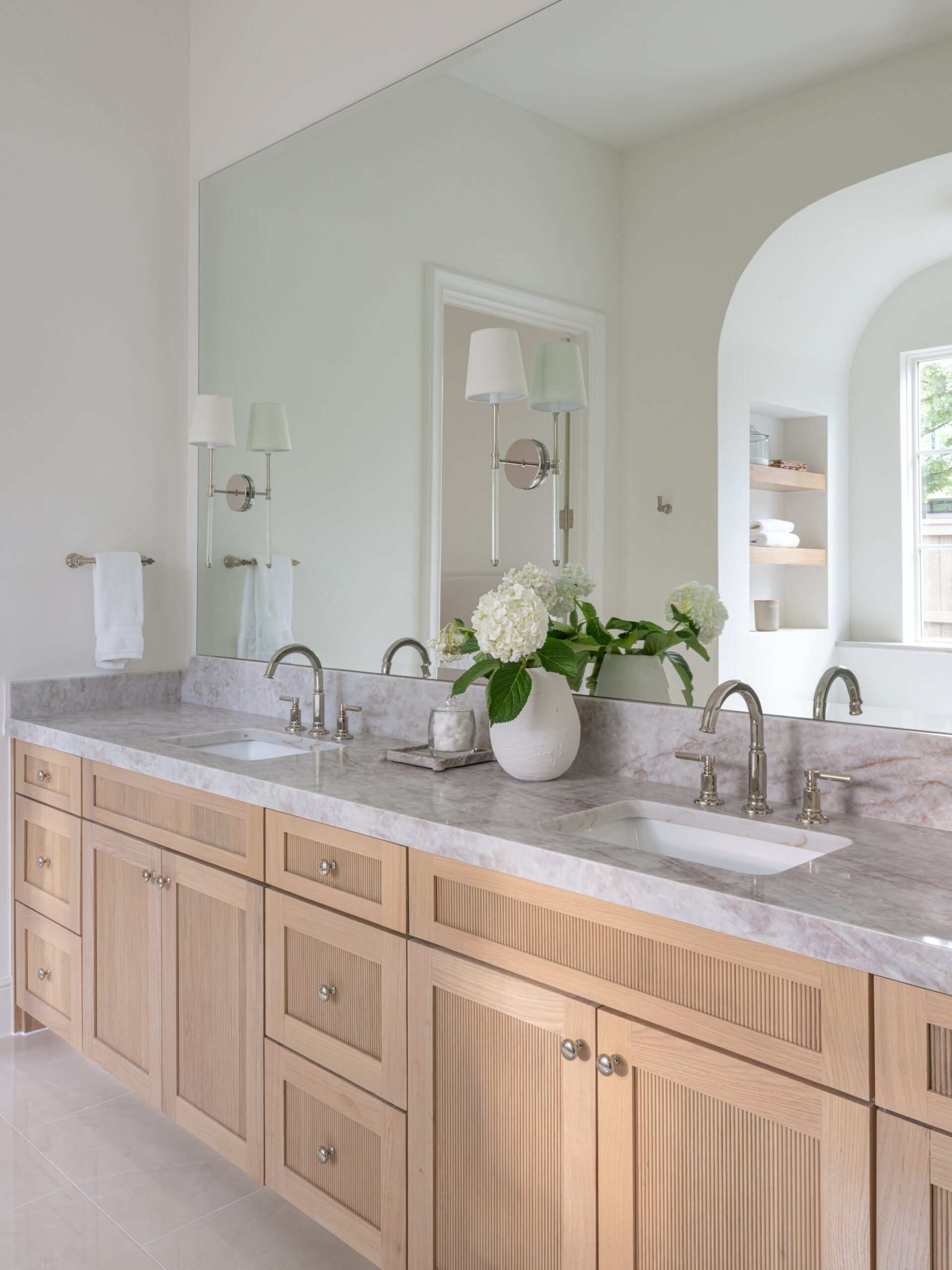 CLASSIC EUROPEAN REVIVAL – Chamberlain Arlington Heights, Lafayette Ave, Fort Worth, TX 76107-21 Reeded oak double vanity with stone counters and nickel faucets — Blue Cypress Design Build, Fort Worth TX