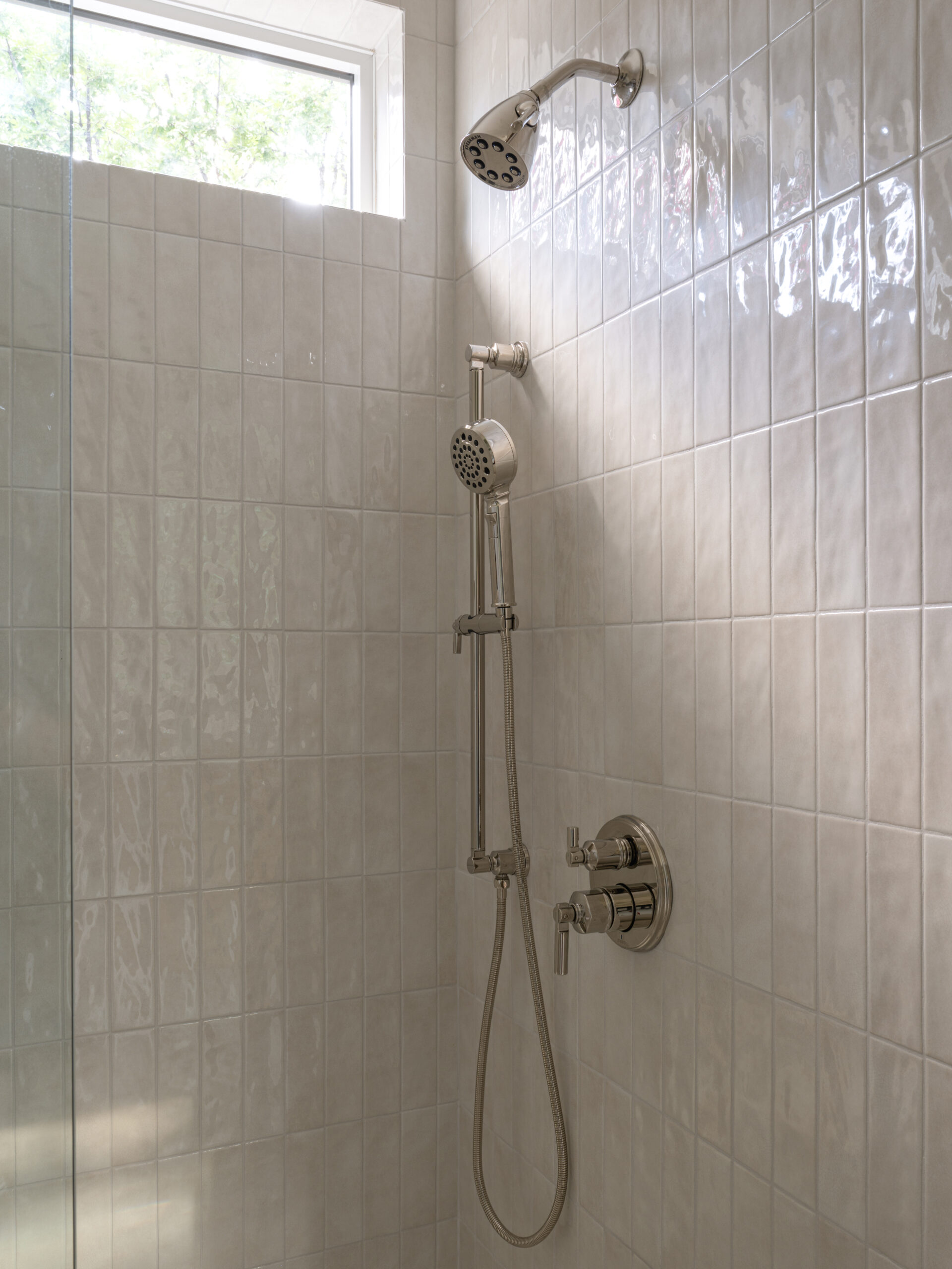 CLASSIC EUROPEAN REVIVAL – Chamberlain Arlington Heights, Lafayette Ave, Fort Worth, TX 76107-22 Glazed tile shower with polished nickel fixtures — luxury custom remodel, Blue Cypress Design Build