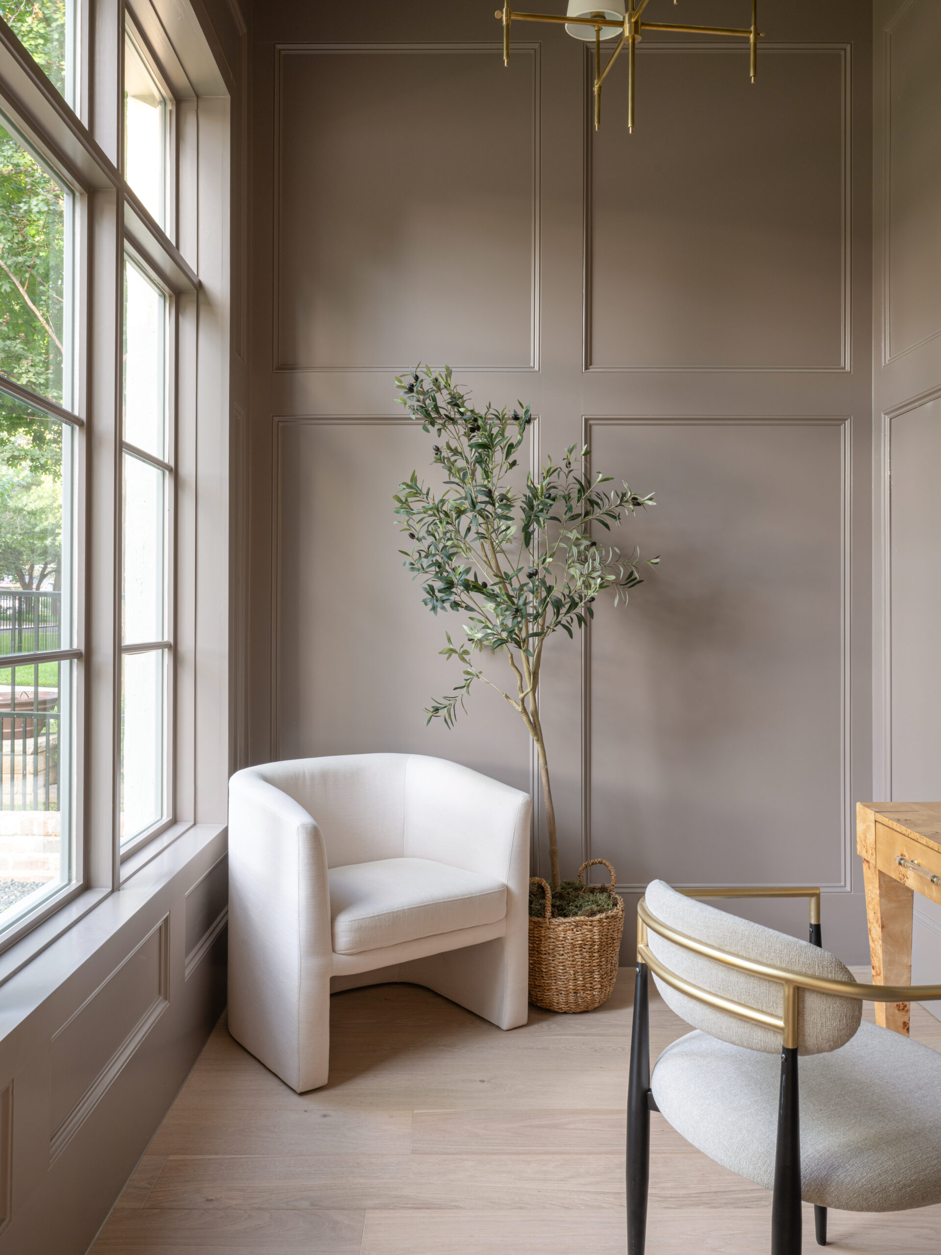 CLASSIC EUROPEAN REVIVAL – Chamberlain Arlington Heights, Lafayette Ave, Fort Worth, TX 76107-40 Study with taupe paneled walls, brass chandelier, and burl wood desk — Blue Cypress Design Build, Fort Worth TX