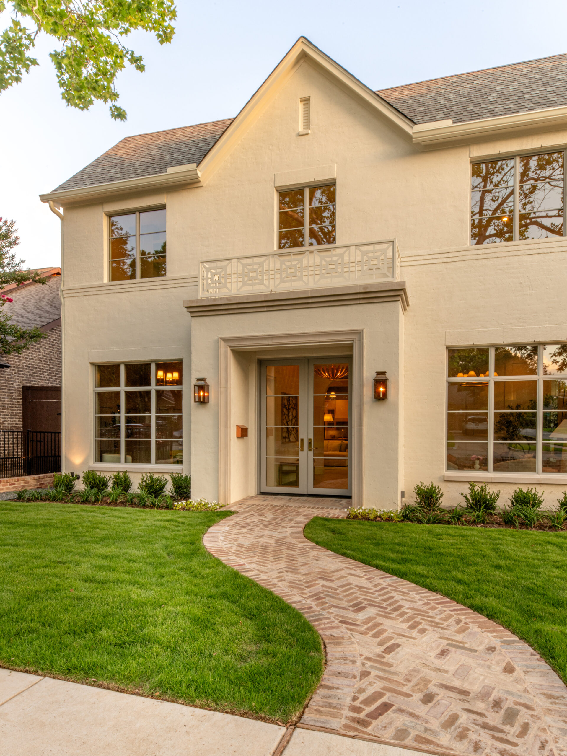CLASSIC EUROPEAN REVIVAL – Chamberlain Arlington Heights, Lafayette Ave, Fort Worth, TX 76107-46 Herringbone brick walkway leading to French door entry — Blue Cypress Design Build custom remodel, Fort Worth TX