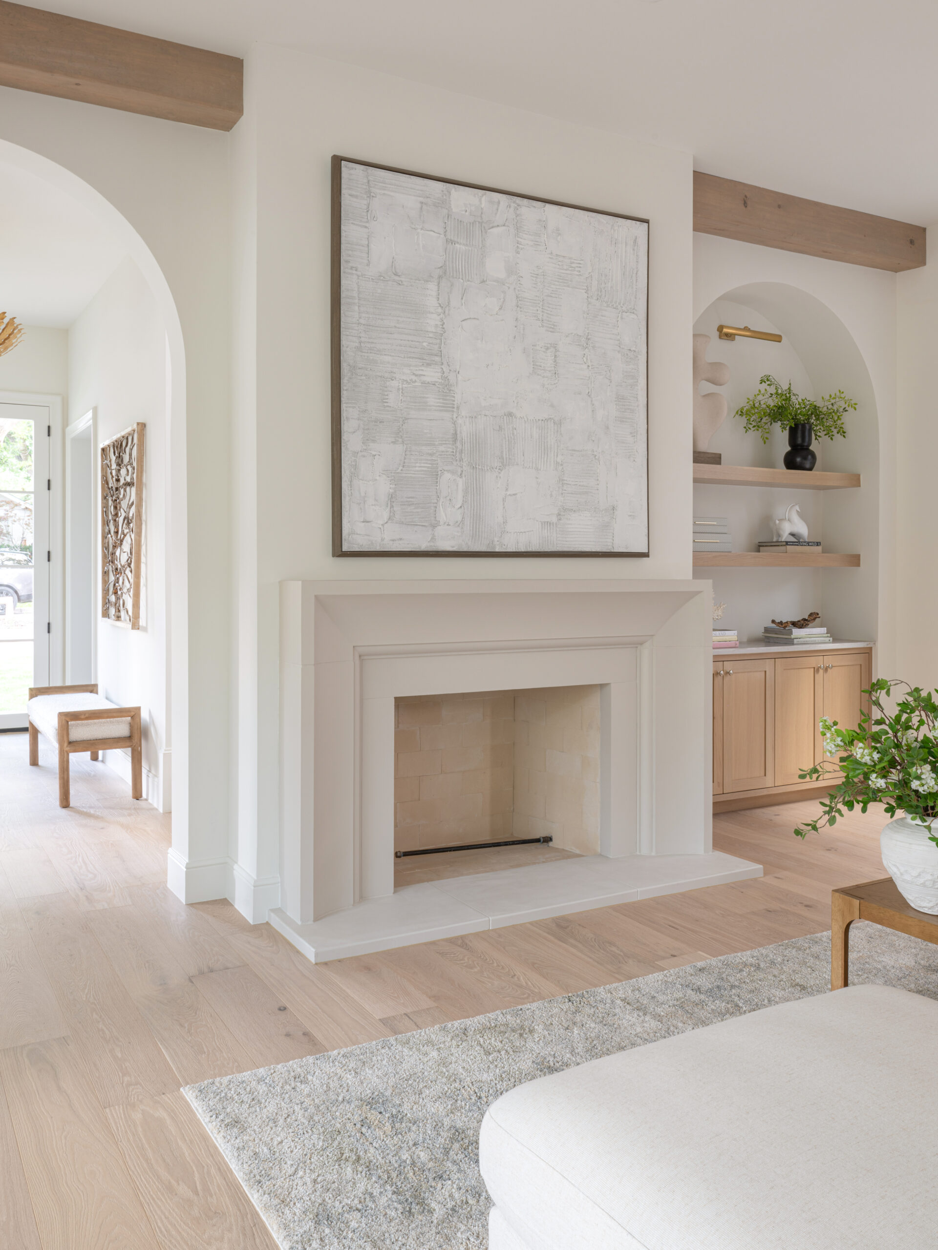 CLASSIC EUROPEAN REVIVAL – Chamberlain Arlington Heights, Lafayette Ave, Fort Worth, TX 76107-5 Plaster fireplace with arched built-ins and oak cabinetry — European style remodel by Blue Cypress Design Build